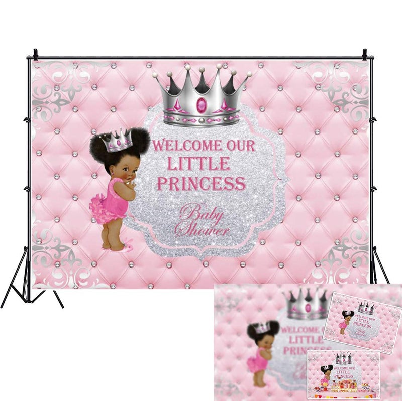 DASHAN 7x5ft Polyester Baby Shower Backdrop Welcome Our Little Princess Silver Crown Pink Photography Background for Newborn Baby Shower Baby Girl Birthday Party YouTube Photo Props - Image 1